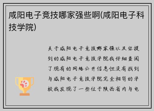 咸阳电子竞技哪家强些啊(咸阳电子科技学院)